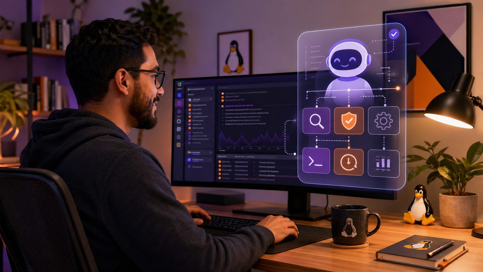 Assistente de IA ajudando usuário no Ubuntu Linux