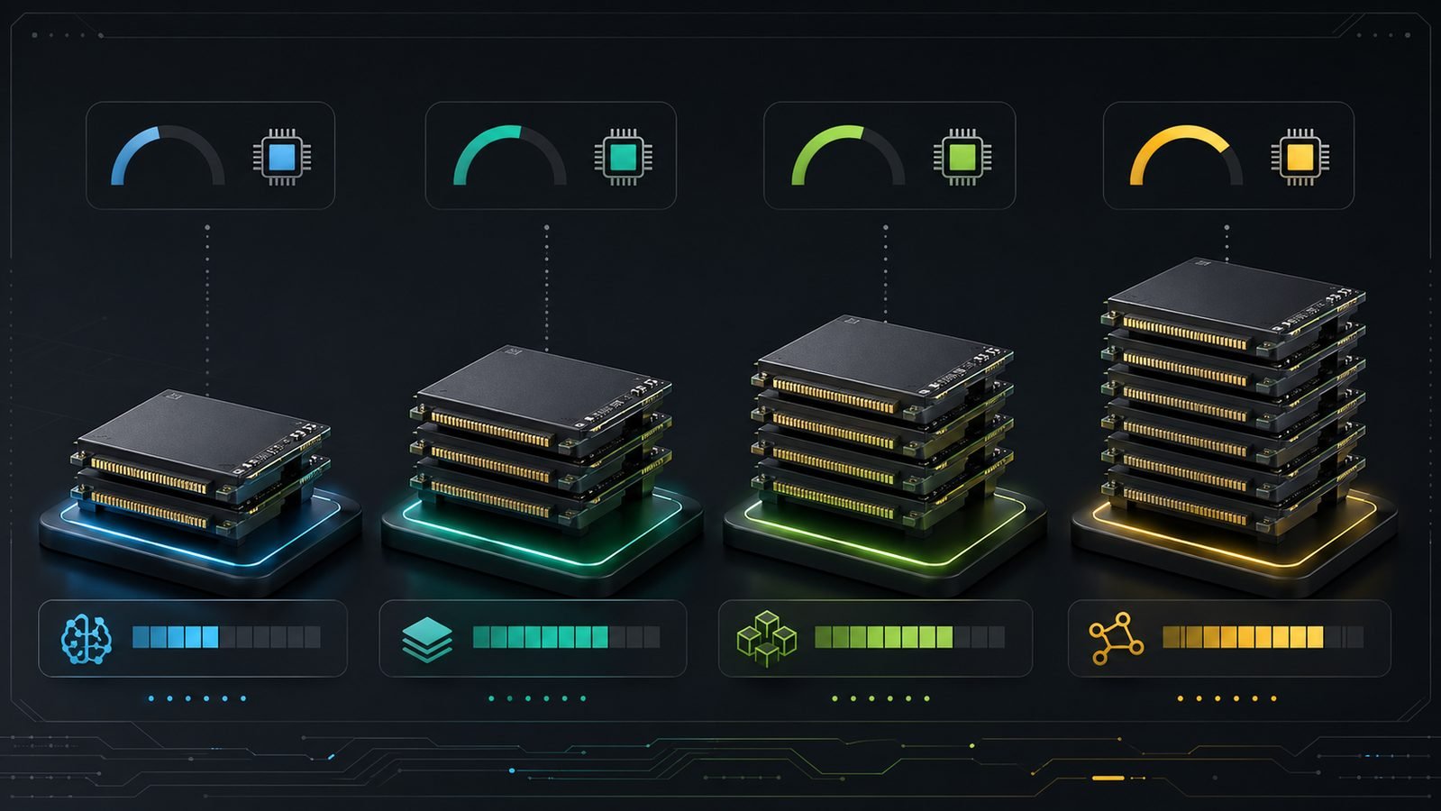 Infográfico comparativo de VRAM mostrando 8 GB, 12 GB, 16 GB e 24 GB em blocos de memória empilhados