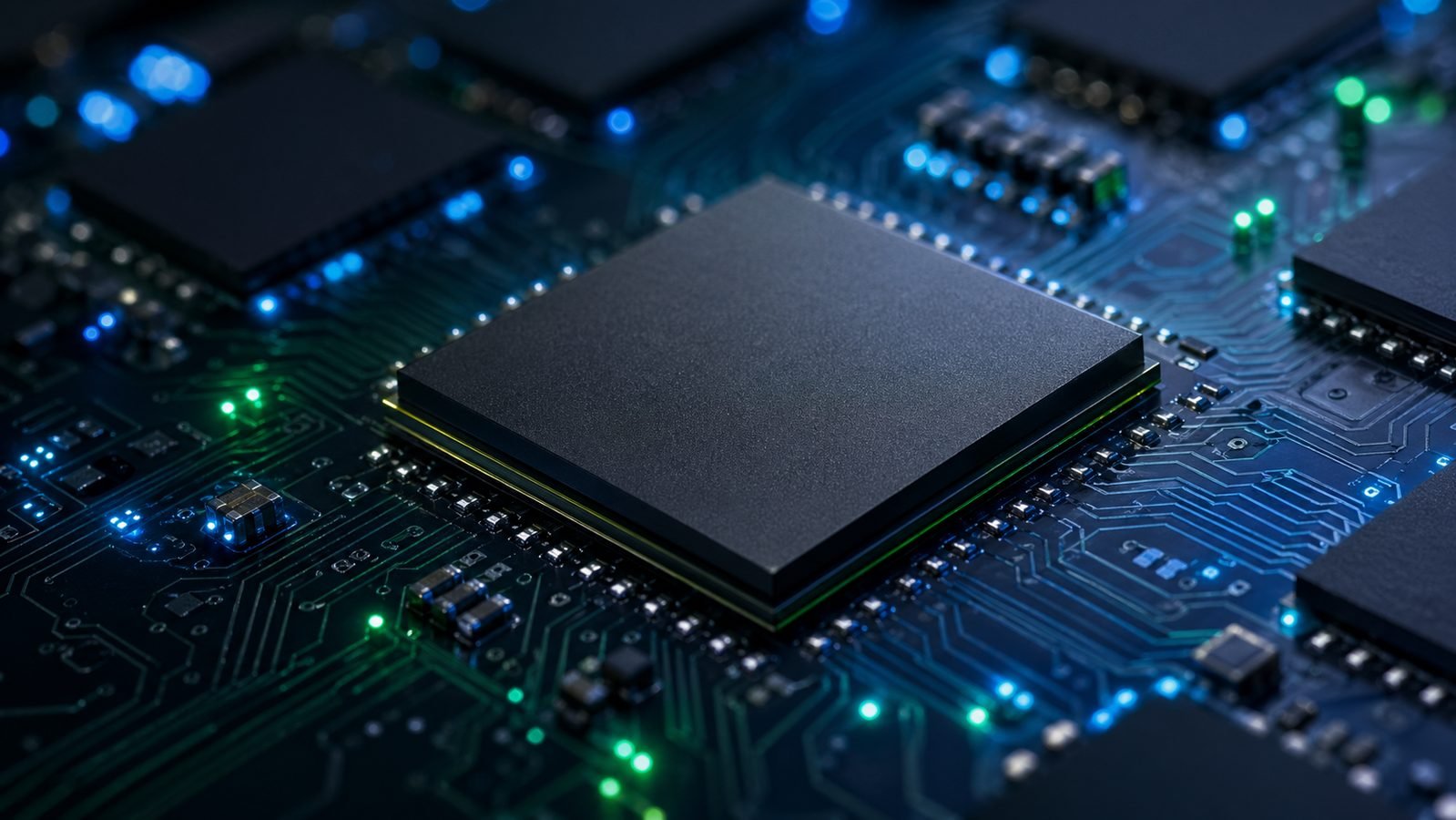 Chip de memória GDDR7 de 3 GB em close-up sobre placa de circuito com iluminação LED azul