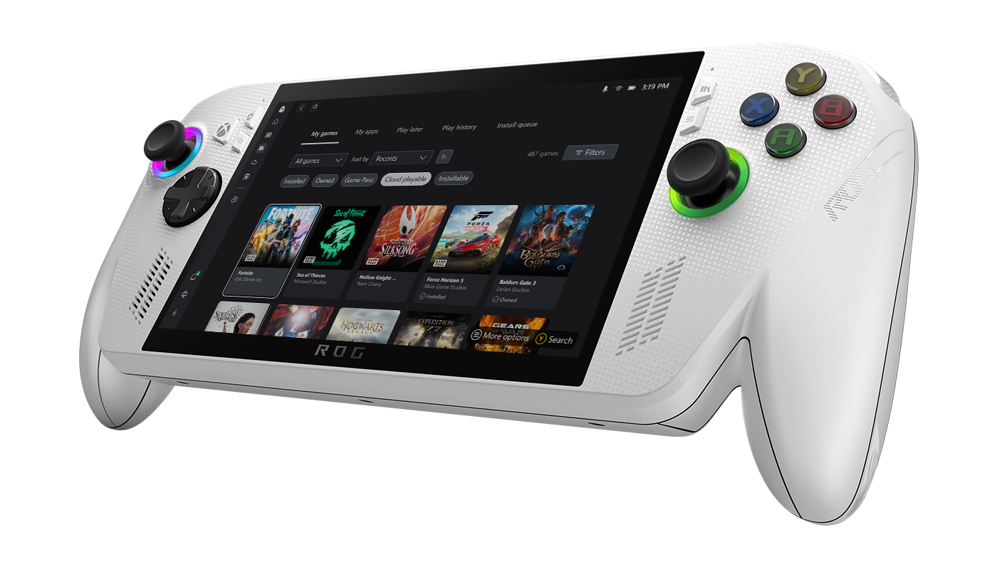 ROG Xbox Ally branco com tela exibindo biblioteca de jogos no Windows