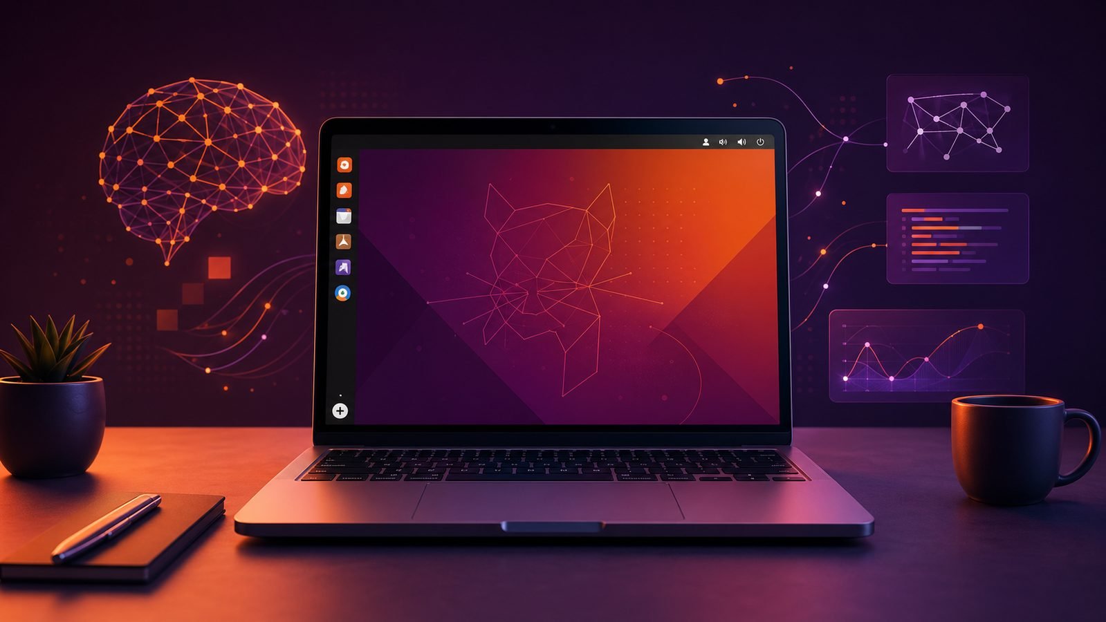 Notebook com Ubuntu Linux e elementos de inteligência artificial