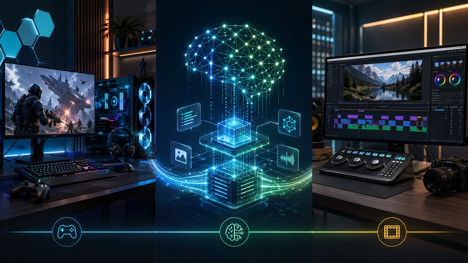Arte conceitual dividida em gaming, IA local com visualização de rede neural e edição de vídeo 4K conectados por fluxos de dados