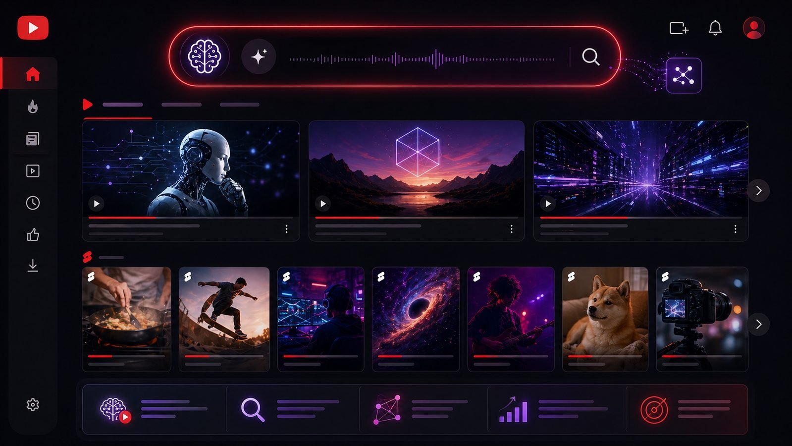 YouTube com busca por inteligência artificial mostrando vídeos e Shorts