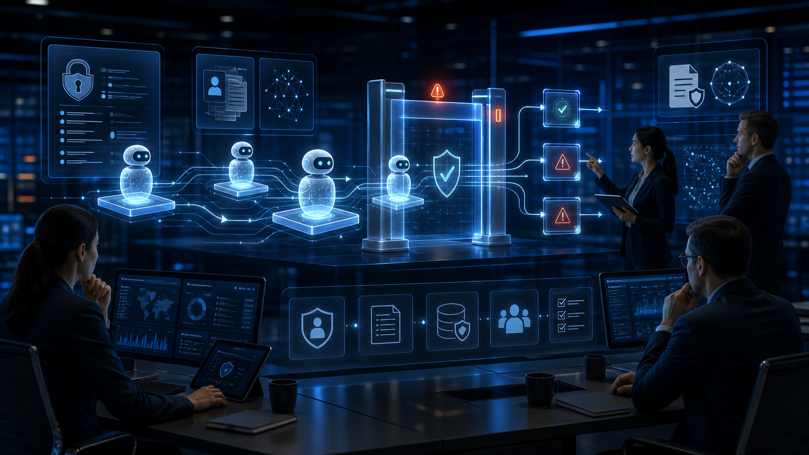 Agentes de IA passando por controles de segurança, privacidade e governança corporativa