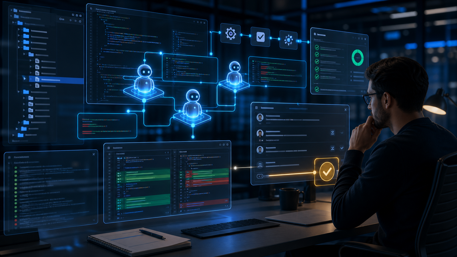 Agentes de IA analisando código, testes e revisão humana em uma base de código empresarial