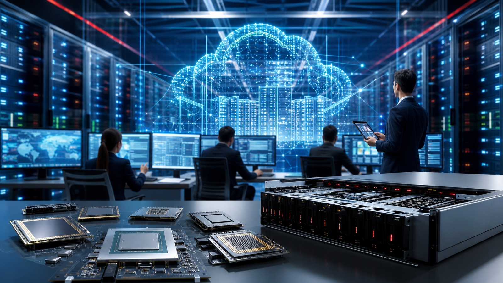 Data center moderno com servidores e aceleradores de IA representando AMD EPYC e AMD Instinct