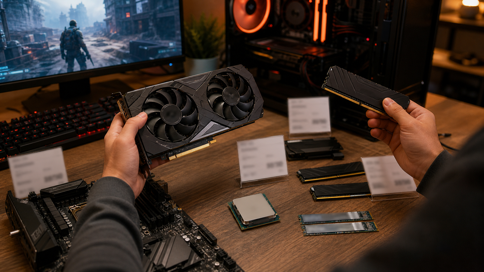 Mesa de montagem de PC gamer com placa de video memoria RAM e SSDs sob pressão de custos