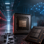 Ilustração de servidores de IA e chips representando crescimento da AMD em data centers