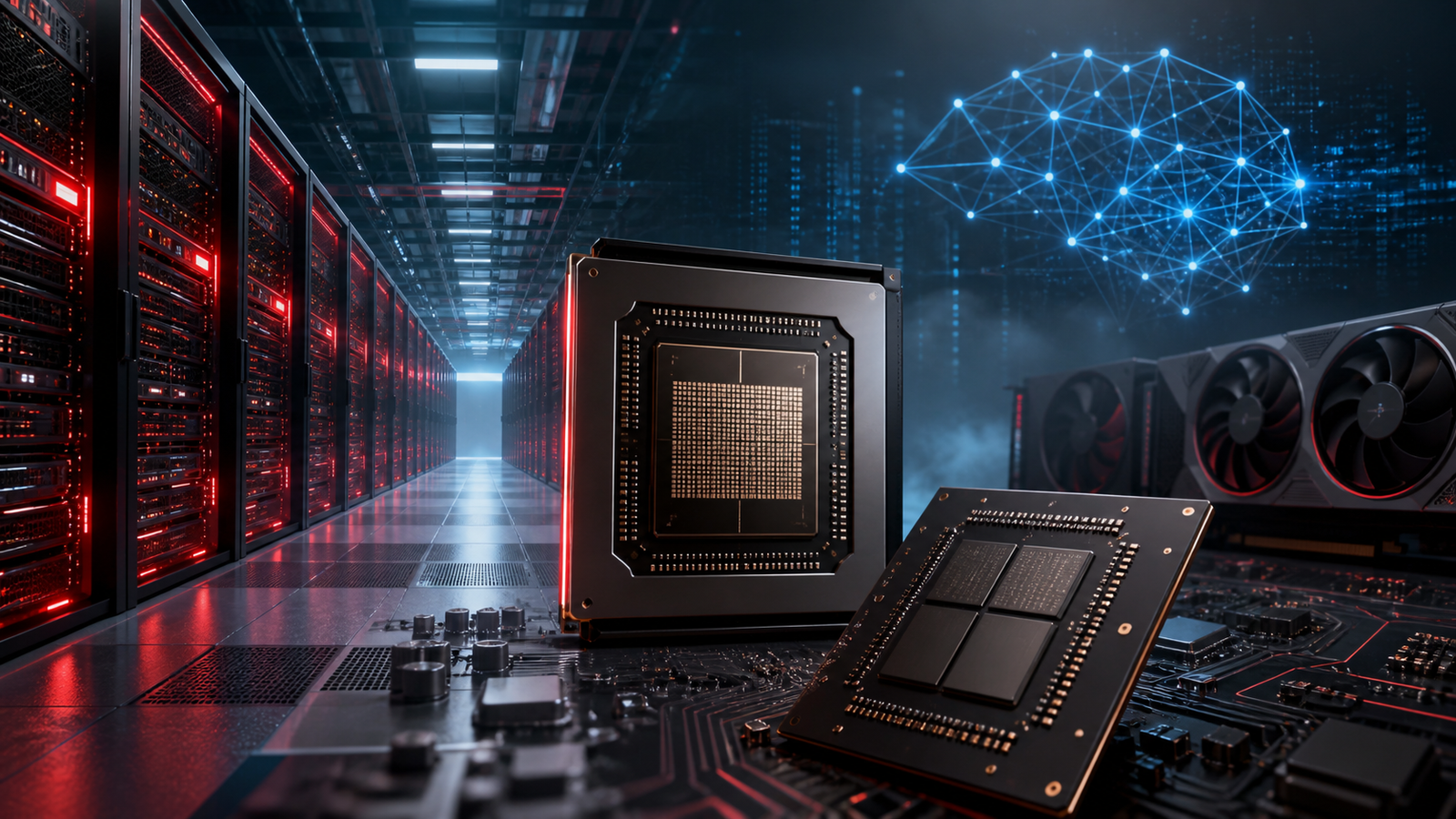 Ilustração de servidores de IA e chips representando crescimento da AMD em data centers