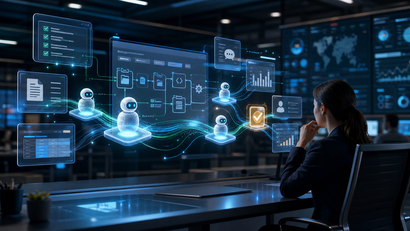 Agentes de IA autônomos executando tarefas digitais sob supervisão humana em ambiente empresarial