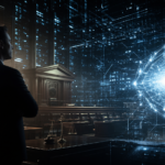 Capa editorial sobre o julgamento entre Elon Musk e OpenAI, com tribunal futurista e núcleo de inteligência artificial.