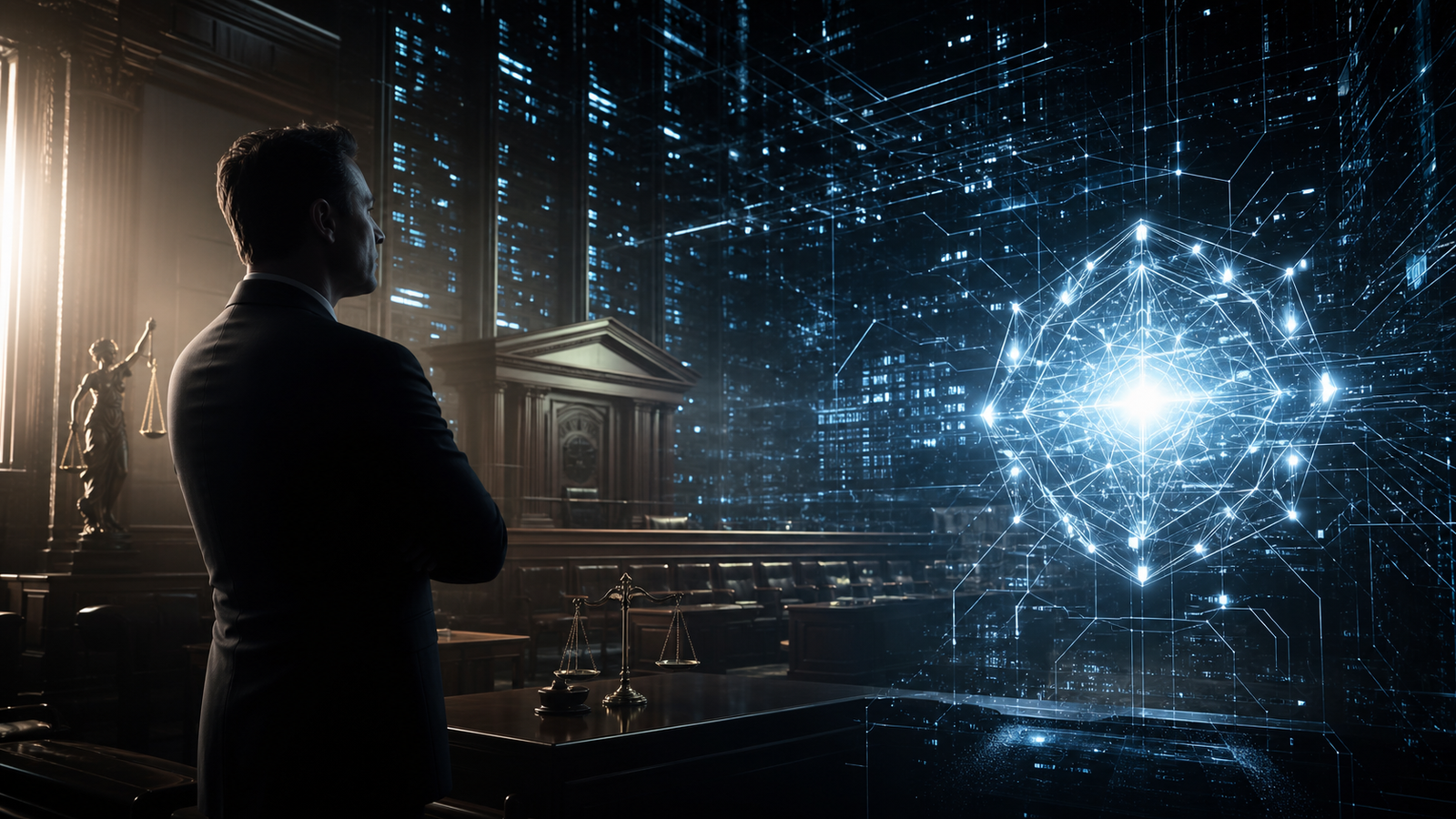 Capa editorial sobre o julgamento entre Elon Musk e OpenAI, com tribunal futurista e núcleo de inteligência artificial.