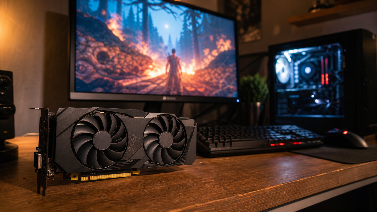 Imagem ilustrativa de uma placa de vídeo intermediária representando a GTX 1060 e o PC gamer Full HD