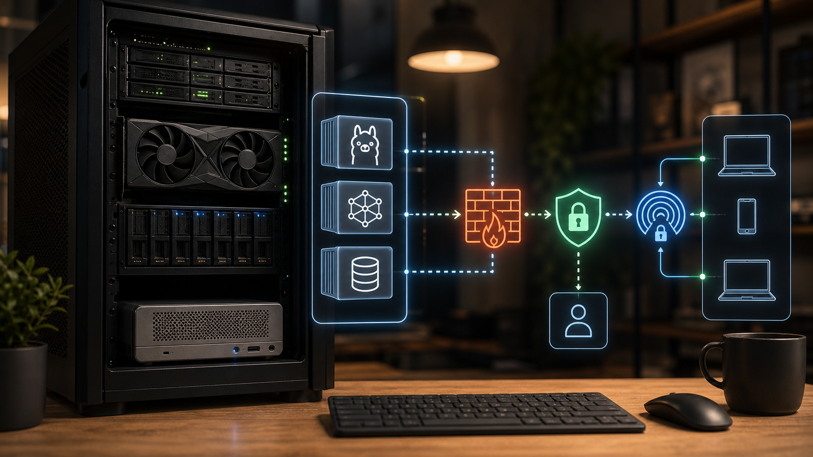 Servidor de IA local protegido por firewall VPN e autenticação para reduzir riscos em instâncias Ollama