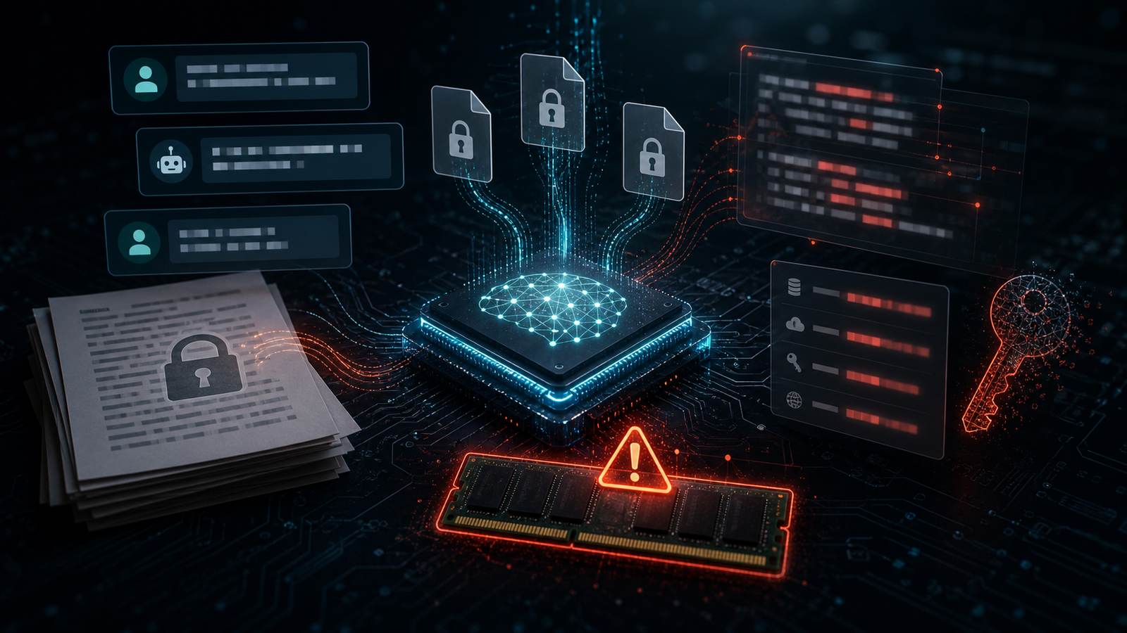 Representação de prompts tokens chaves de API e variáveis de ambiente que podem vazar em falhas de memória