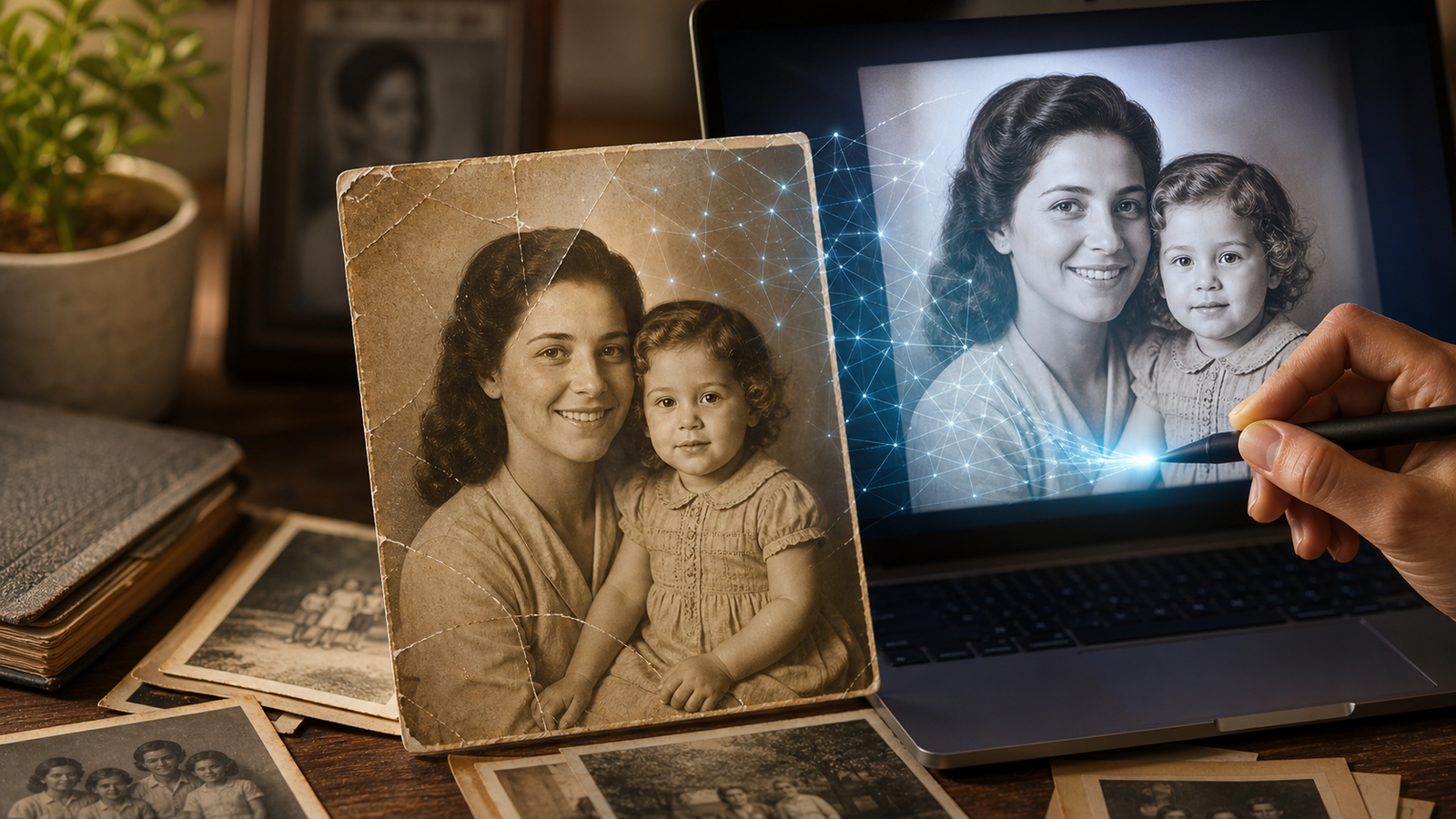 Foto antiga de mãe e filho sendo restaurada com inteligência artificial para o Dia das Mães