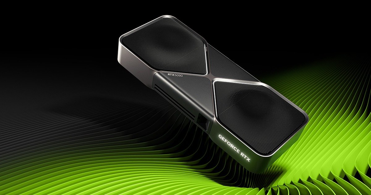 Imagem oficial da Nvidia GeForce RTX 5090, placa de vídeo topo de linha usada em jogos, criação e inteligência artificial local.