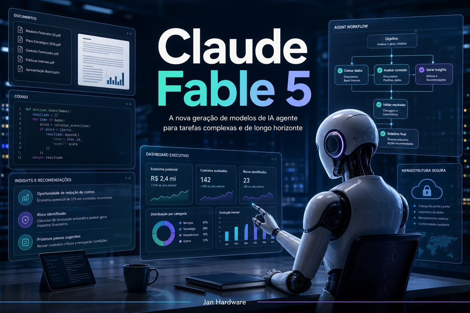 Interface futurista com agente de IA analisando documentos, código e gráficos corporativos para representar o Claude Fable 5 da Anthropic.