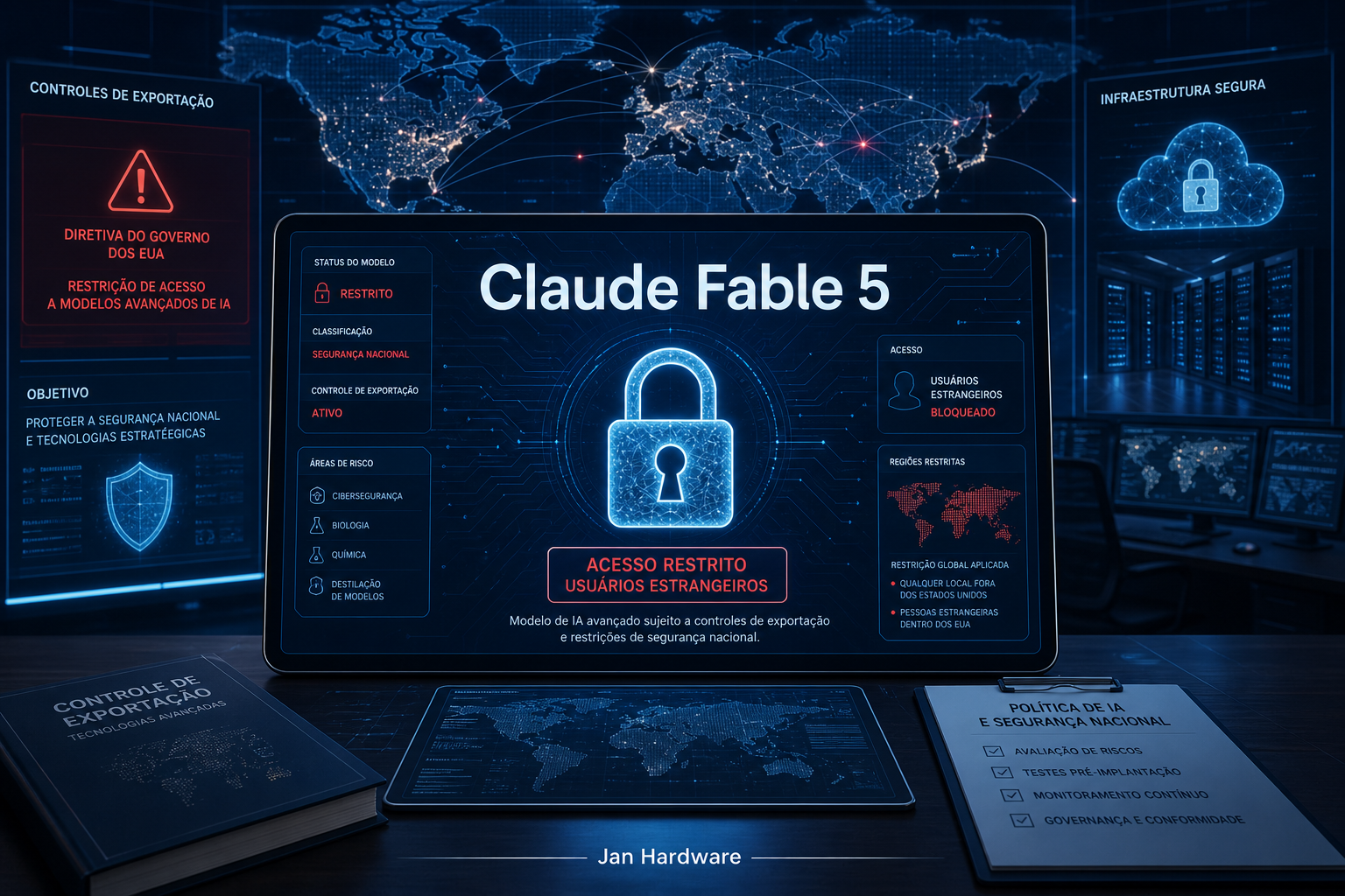 Tela futurista com cadeado digital, mapa global e referência ao Claude Fable 5 para ilustrar restrições dos EUA a modelos avançados de IA.