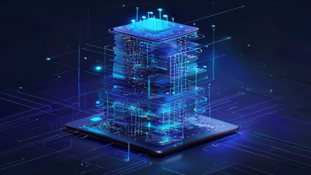 Ilustração conceitual da arquitetura nanostack com estruturas 3D empilhadas